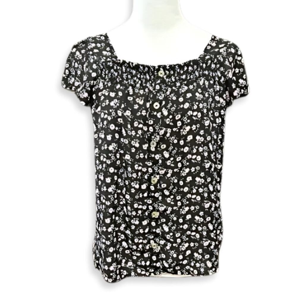 No Boundaries Blouse Floral Button Down Short Sleeve Black White Juniors L 11/13